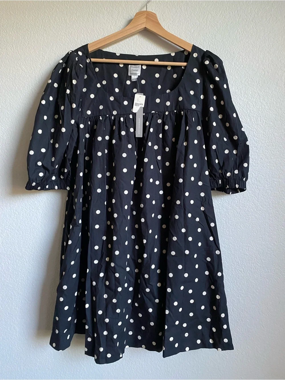 Anthropologie Maeve Polka Dot Square Neck Puff Sleeve Babydoll Mini Dress Large - Picture 5 of 9